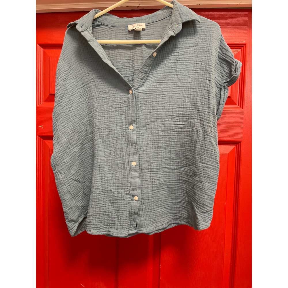 Jessica Simpson Womens Blue Double Gauze Button Down Short Sleeve Shirt Size M